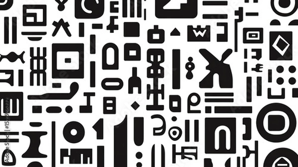 Fototapeta Retro abstract black and white pattern background with scattered symbols, shapes, letters and numbers. Trendy minimalist doodle texture for fashion design, packaging, posters, banners, flyers, busines