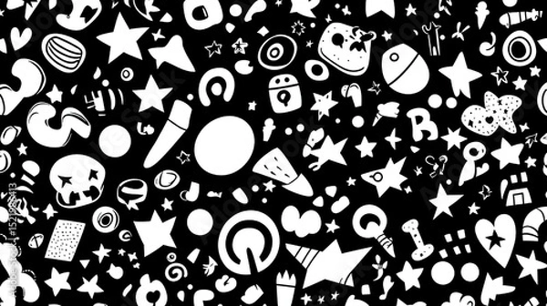 Fototapeta Retro abstract black and white pattern background with scattered symbols, shapes, letters and numbers. Trendy minimalist doodle texture for fashion design, packaging, posters, banners, flyers, busines