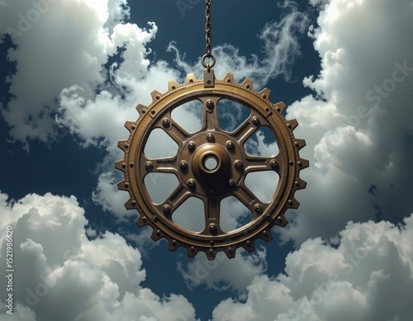 Obraz A large metallic gear hangs suspended in the sky among dramatic, sunlit clouds, emitting wisps of steam.