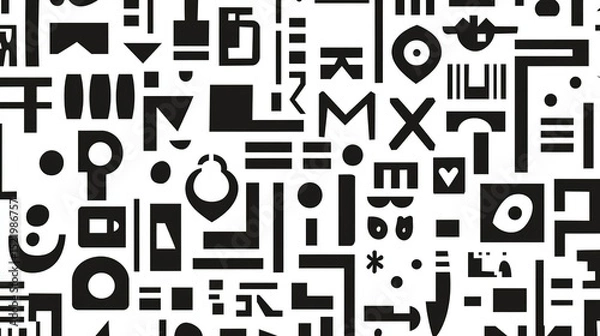 Fototapeta Retro abstract black and white pattern background with scattered symbols, shapes, letters and numbers. Trendy minimalist doodle texture for fashion design, packaging, posters, banners, flyers, busines