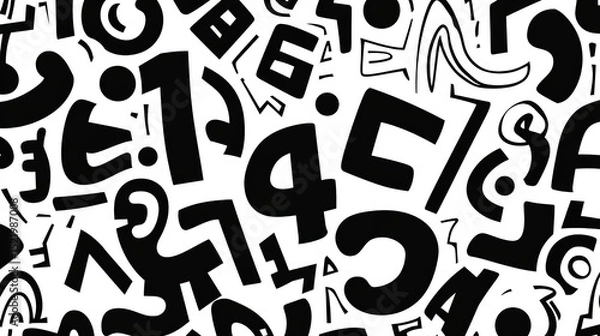 Fototapeta Retro abstract black and white pattern background with scattered symbols, shapes, letters and numbers. Trendy minimalist doodle texture for fashion design, packaging, posters, banners, flyers, busines