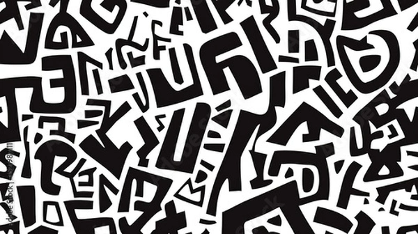Fototapeta Retro abstract black and white pattern background with scattered symbols, shapes, letters and numbers. Trendy minimalist doodle texture for fashion design, packaging, posters, banners, flyers, busines