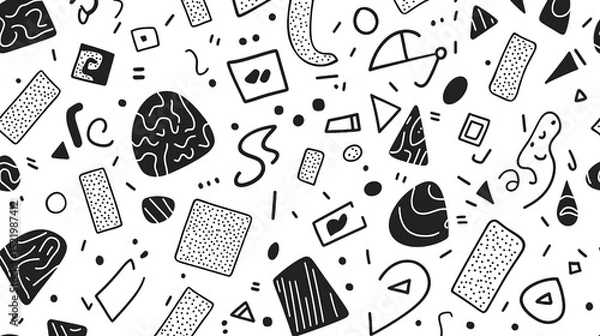 Fototapeta Retro abstract black and white pattern background with scattered symbols, shapes, letters and numbers. Trendy minimalist doodle texture for fashion design, packaging, posters, banners, flyers, busines