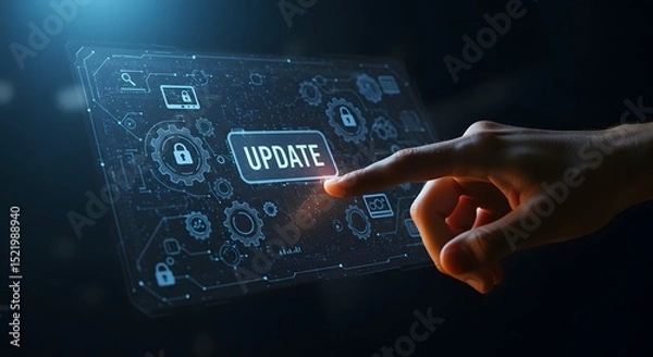 Fototapeta Update System Upgrade Software version technology concept on virtual screen. hand pushing a button