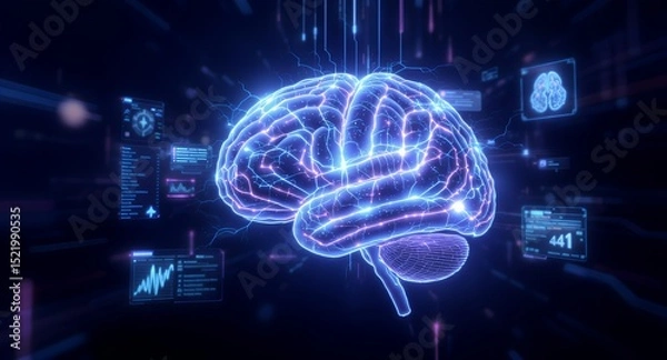 Fototapeta Glowing Neural Brain with HUD Interface – Artificial Intelligence and Data Visualization Concept