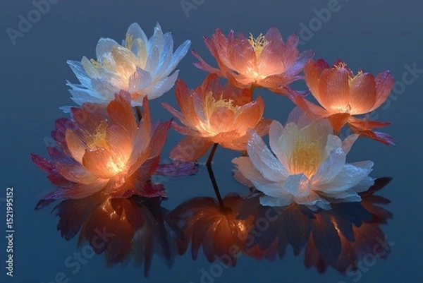 Fototapeta Illuminated Lotus Flowers on Water Serene Night Setting Nature Photography Tranquil Environment