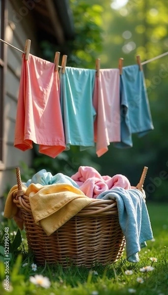 Obraz A rustic clothesline laundry basket overflowing with freshly laundered clothes, ready to be hung Perfect for a spring cleaning or laundry day theme , chore, bright