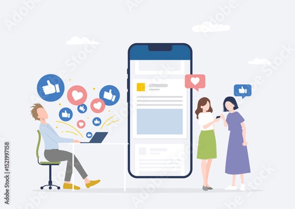 Obraz SNSへの投稿記事が若者の間でバズって驚くビジネスマン男性・SNS crisis