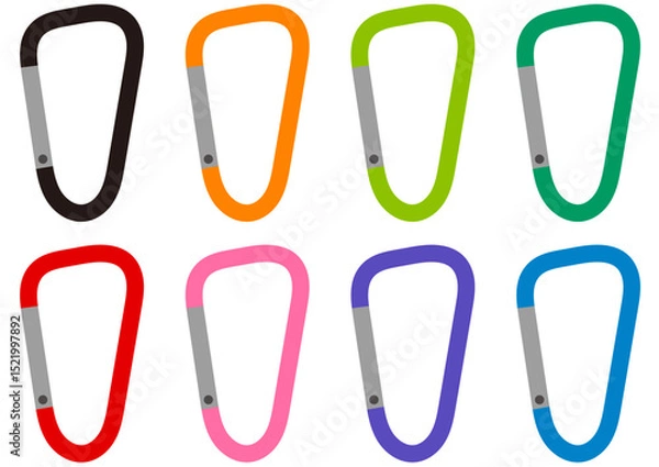 Obraz シンプルなカラビナのイラストセット。8色のカラーバリエーション。