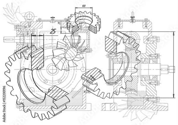 Obraz Machine-building drawings on a white background, wheels.