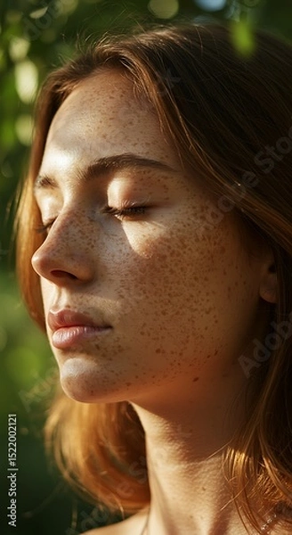 Obraz Close-up of a young woman meditating, eyes closed with sunlight filtering through leaves onto her freckled face, detailed skin texture and loose hair strands blowing slightly