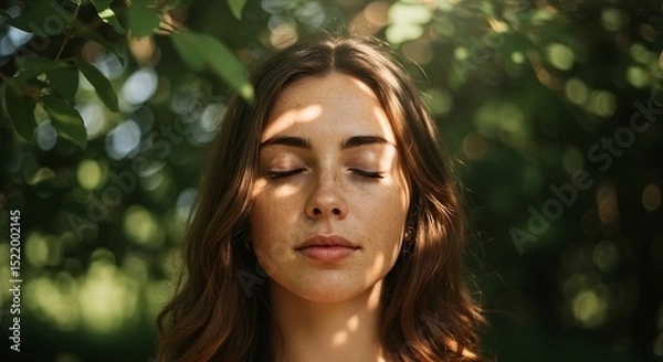 Obraz Close-up of a young woman meditating, eyes closed with sunlight filtering through leaves onto her freckled face, detailed skin texture and loose hair strands blowing slightly