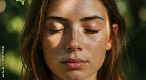 Obraz Close-up of a young woman meditating, eyes closed with sunlight filtering through leaves onto her freckled face, detailed skin texture and loose hair strands blowing slightly