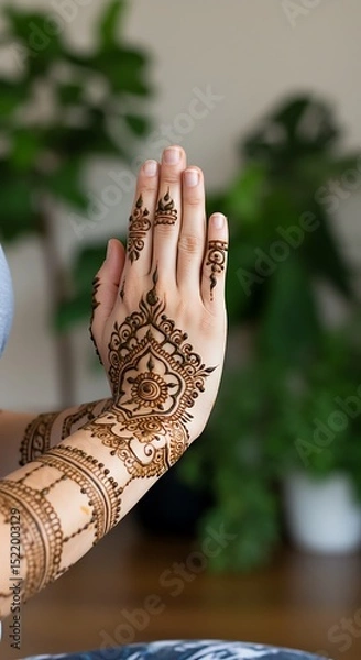 Obraz Over-the-shoulder close-up of yoga instructor's hands in 'Anjali Mudra' (prayer position), henna tattoos visible, shallow depth-of-field showing studio plants in background.