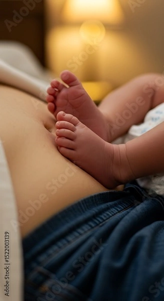 Obraz Touching close-up of a newborn's feet resting on their mother's stomach, stretch marks and C-section scar visible, warm bedroom light creating intimate atmosphere