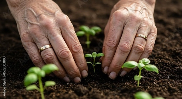 Obraz Ultra-detailed macro of wrinkled hands planting basil seedlings in soil, dirt under nails, gold wedding band glinting, sunlight highlighting life lines and veins
