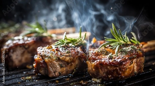 Obraz medium rare lamb chops grilled with rosemary and garlic, smoke and oil sizzling, rich bokeh background