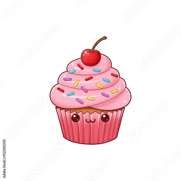 Fototapeta Smiling cupcake with pink icing and cherry