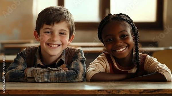 Fototapeta smiling young boy and girl sitting together in classroom at school.