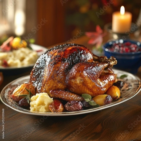 Fototapeta A beautifully roasted Thanksgiving turkey as the centerpiece of a festive table, golden-brown and perfectly glazed.