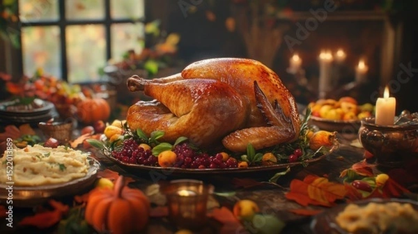 Fototapeta A beautifully roasted Thanksgiving turkey as the centerpiece of a festive table, golden-brown and perfectly glazed.