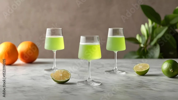 Fototapeta Three Modern Cocktail Glasses With Lime And Orange Slices