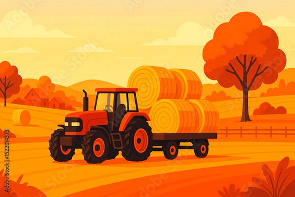 Obraz Farm Tractor with Hay Rolls in Autumn Landscape – Agricultural Concept Illustration with Warm Colors