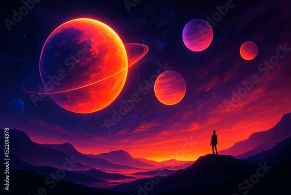 Obraz Surreal Space Landscape with Planets – Sci-Fi Concept Art of Cosmic Scene and Outer Galaxy