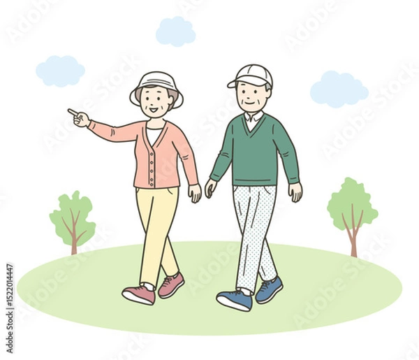 Obraz 仲の良い老夫婦が公園で散歩を楽しんでいる全身イラスト