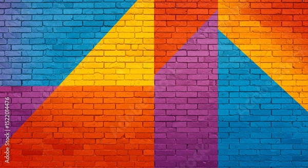 Obraz Geometric Pattern on Colorful Brick Wall – Modern Urban Art with Triangular Composition