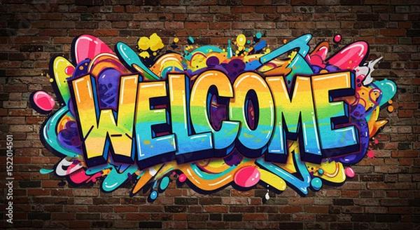 Obraz Colorful spray paint urban graffiti art happy on a grunge brick wall