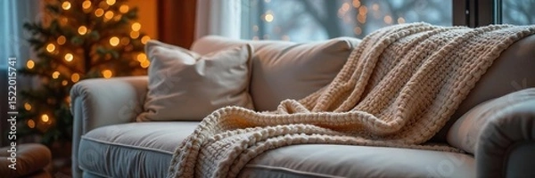 Fototapeta Cozy winter scene featuring a plush couch draped with a thick knit throw blanket, perfect for a relaxing day indoors Warm, inviting lighting adds to the comfortable ambiance , fluffy, christmas