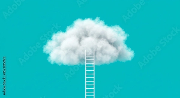 Obraz Ladder Reaching Fluffy Cloud on Blue Sky – Dreamy Escape, Fantasy, and Success Concept Design