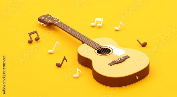 Obraz Guitar and Music Notes on Yellow Background – Artistic 3D Musical Scene for Creative and Acoustic Vibes