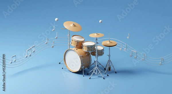 Obraz Blue Background with 3D Drum Set and Flying Notes – Musical Creativity and Performance Concept