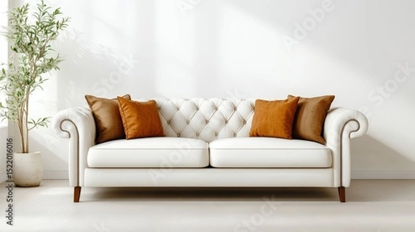 Obraz Elegant white tufted sofa with orange cushions in modern minimal living room interior design