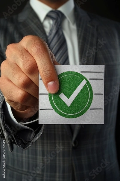 Obraz Businessman in suit holds card with green checkmark, symbolizing approval or success. image conveys professionalism and confidence, ideal for business related themes