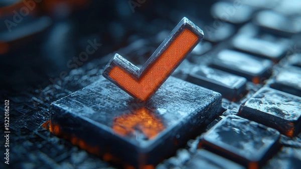 Obraz Metallic checkmark symbol resting on textured keyboard key, showcasing blend of orange and gray tones. image conveys sense of approval and completion