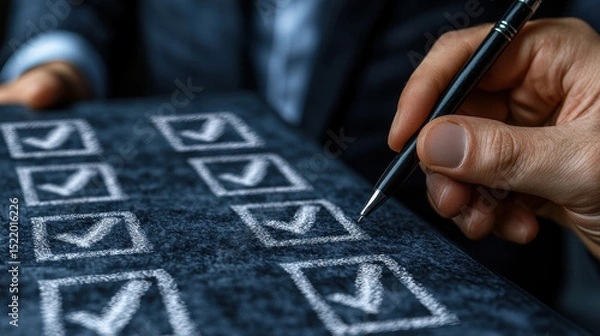 Obraz Person is checking off items checklist with pen, symbolizing productivity and organization professional setting. background suggests business environment, enhancing focus task completion