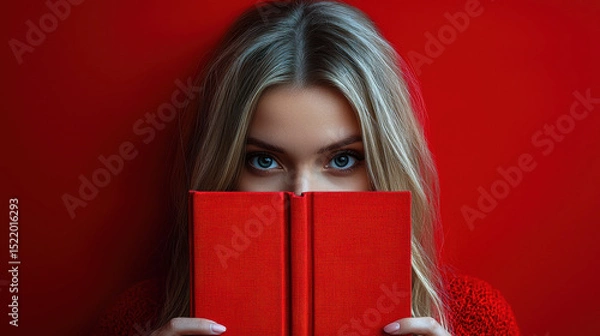 Obraz Woman holding red book close to her face, with striking blue eyes peeking over cover. vibrant red background enhances emotional connection and intrigue