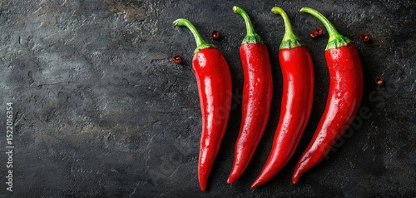 Obraz Fresh red chili peppers arranged dark textured surface, showcasing their vibrant color and glossy skin. These spicy ingredients add flavor and heat to various dishes, enhancing culinary