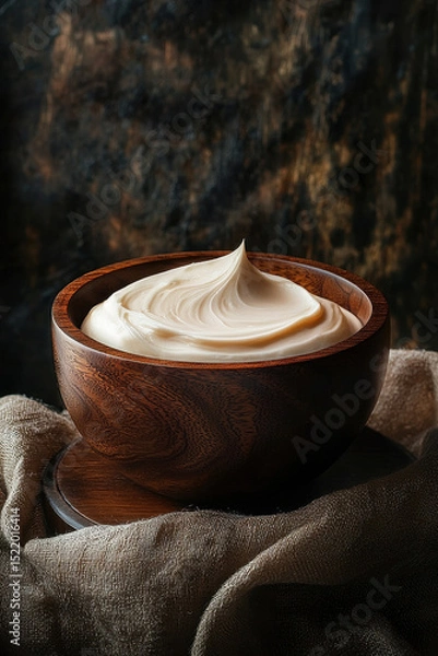 Obraz Creamy texture of natural cream in wooden bowl, beautifully presented on rustic background. soft peaks create inviting and delicious appearance, perfect for culinary use