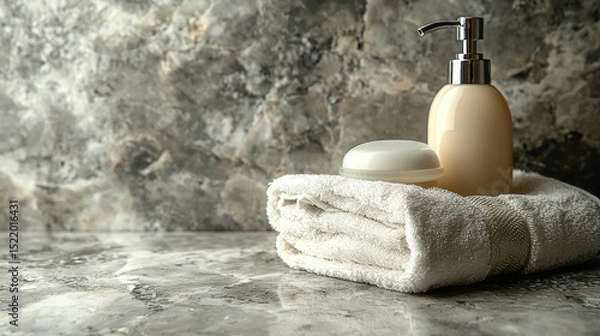 Obraz Elegant arrangement of bottle of liquid soap, bar of soap, and soft towel on textured marble surface creates calming atmosphere. This setup is perfect for spa or bathroom setting