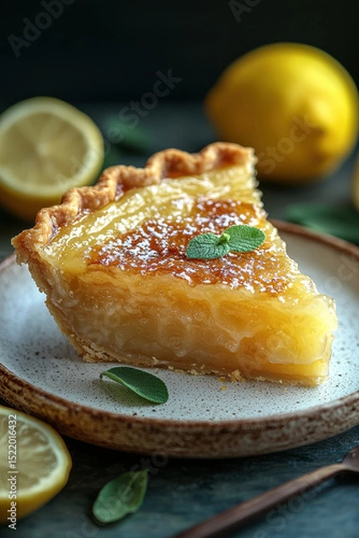 Obraz Delicious slice of lemon pie sits on rustic plate, garnished with mint leaves. golden filling glistens under soft lighting, surrounded by fresh lemons, evoking sense of warmth and comfort