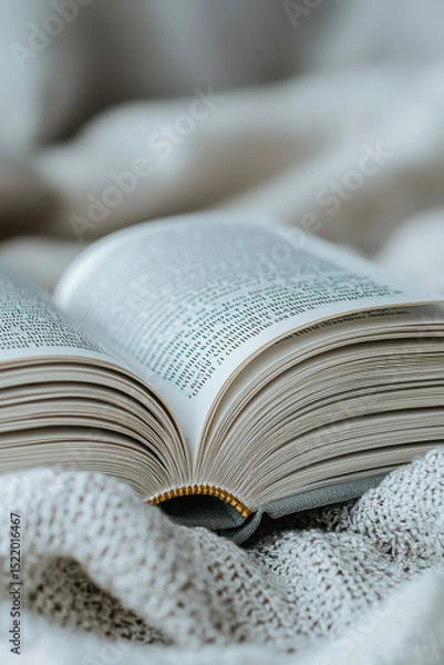 Obraz Open book resting on soft, textured blanket, inviting readers to explore its pages. warm tones create cozy atmosphere, perfect for reading