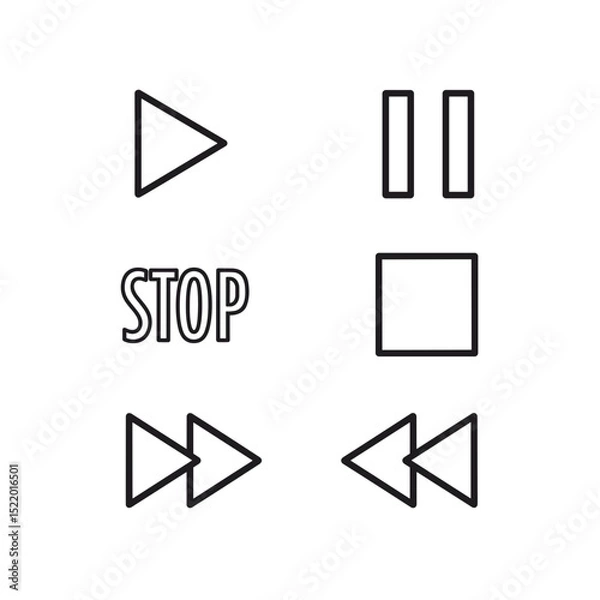 Fototapeta Illustration showing play pause stop forward and rewind media control symbols in a simple outline style design