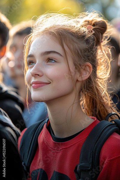 Obraz Joyful young student with bright smile stands out in crowd, showcasing sense of enthusiasm and positivity. sunlight highlights her features, creating warm atmosphere