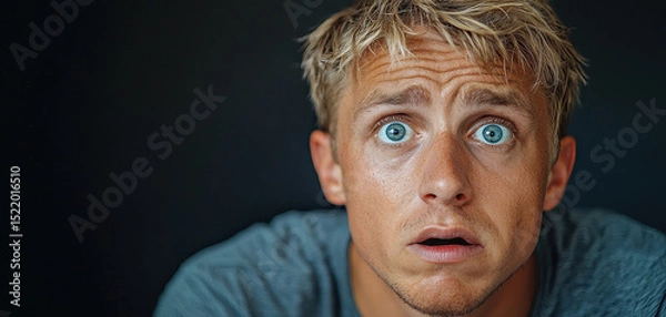 Fototapeta Man expressing panic with wide eyes and worried expression. background is dark, emphasizing his emotional state and features
