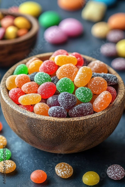 Fototapeta Colorful jelly beans in wooden bowl create vibrant and inviting display, perfect for candy lovers. assortment includes various flavors and colors, adding cheerful touch to any occasion