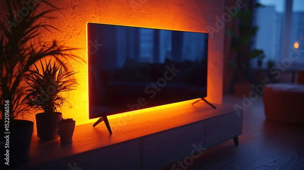 Obraz Modern living room featuring sleek television with ambient orange lighting, creating cozy atmosphere. scene is enhanced by decorative plants and soft furnishings, inviting relaxation